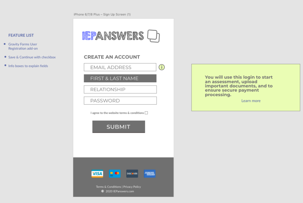 IEP Answers signup screen, a prototype made in Adobe XD